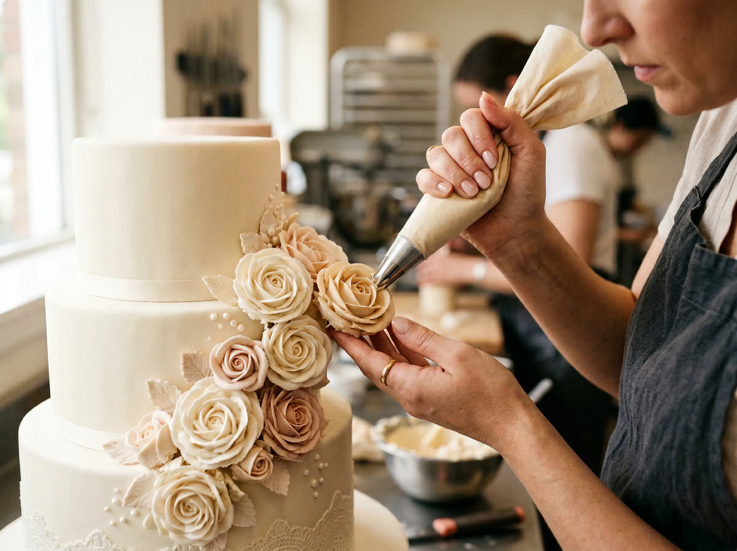 Cake artisan hand-piping sugar roses onto a couture wedding cake