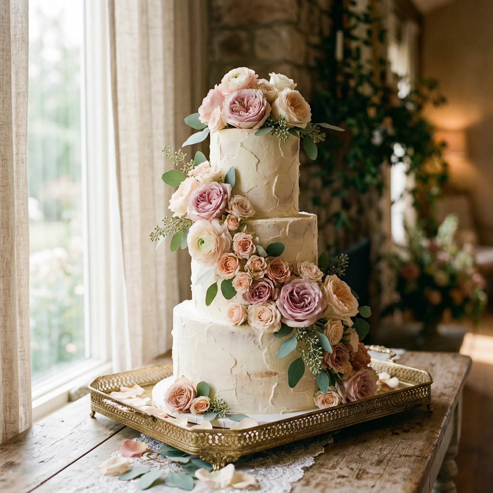 Romantic three-tier cake covered in cascading garden roses and ranunculus