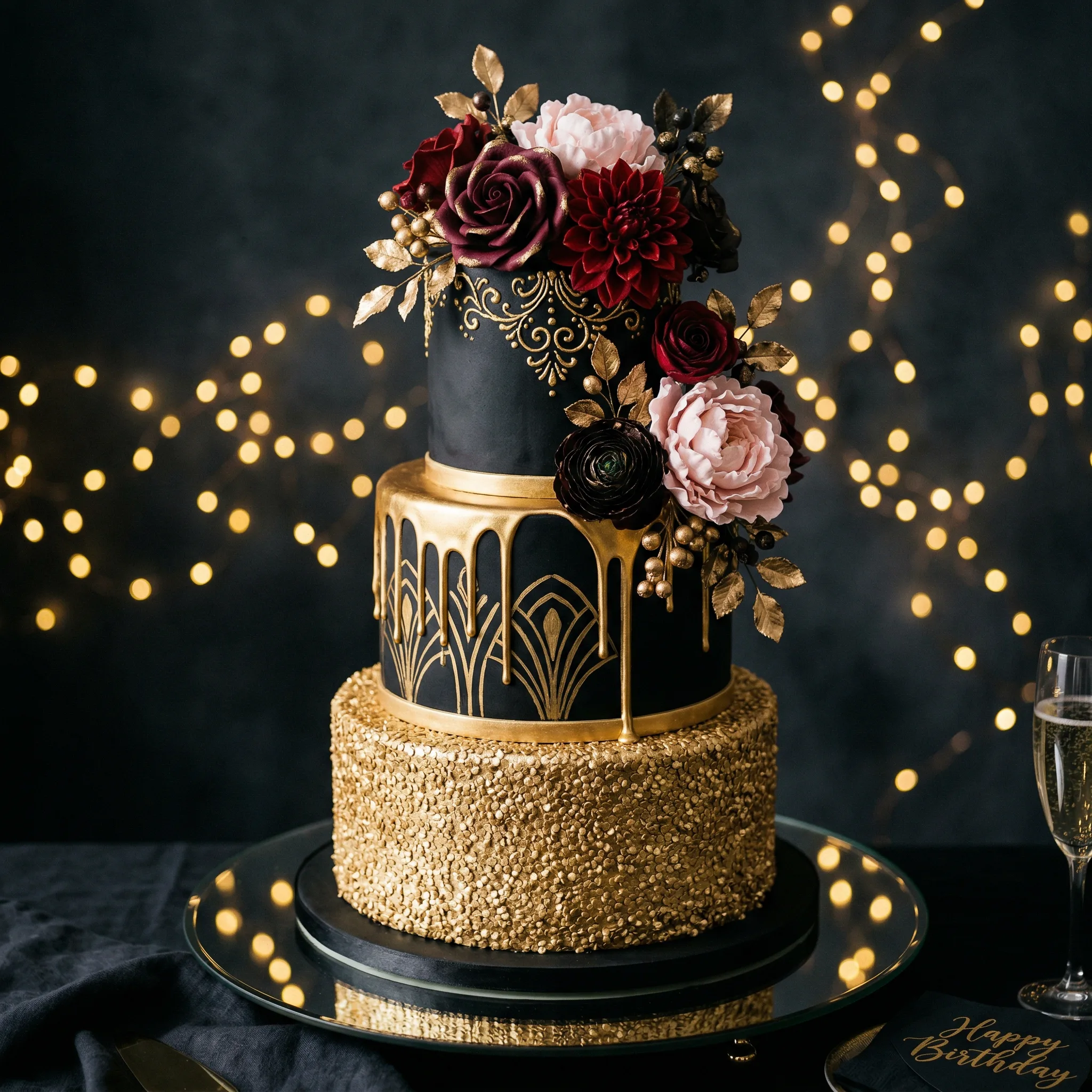 Glamorous black and gold three-tier birthday cake with gold drip and sugar flowers