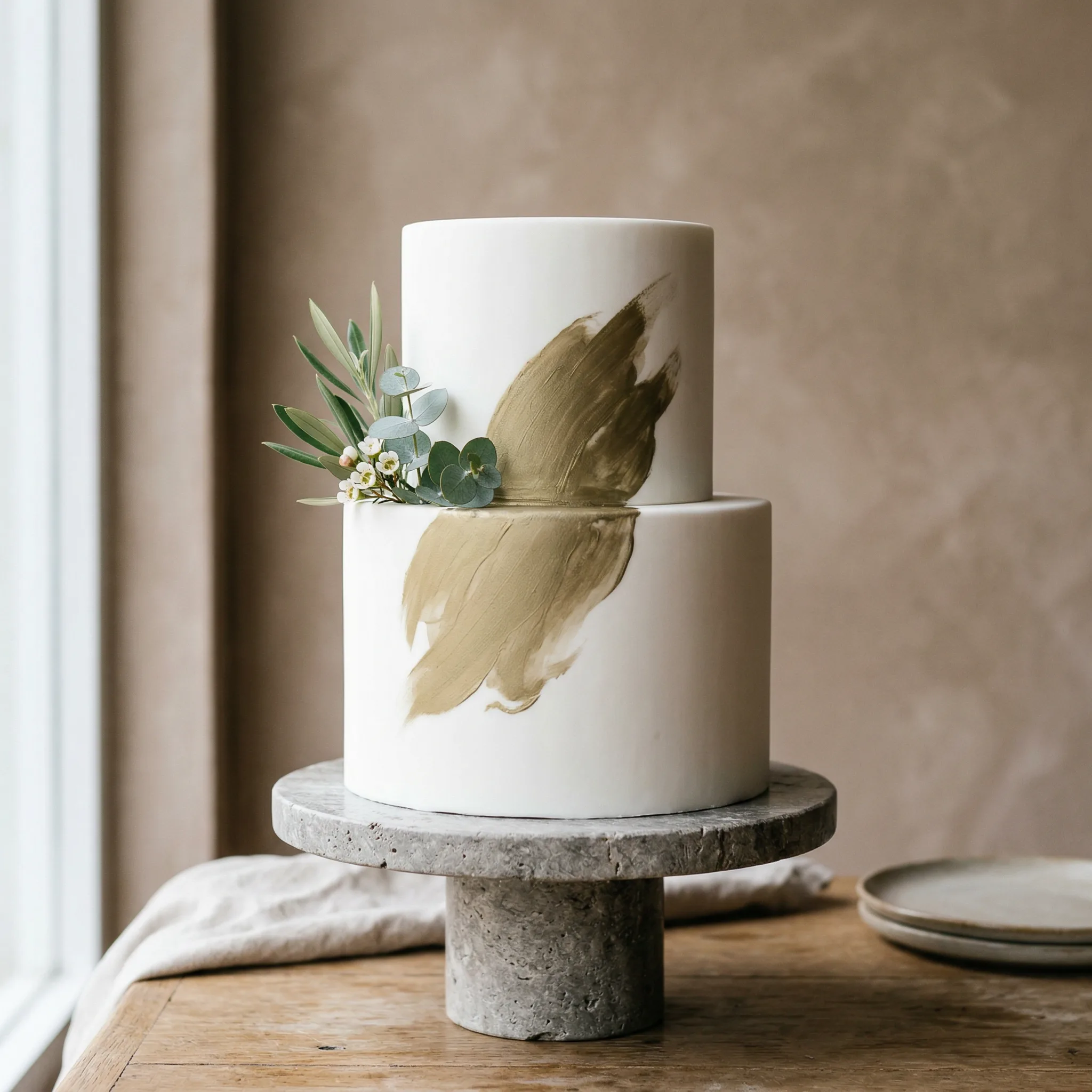 Modern minimalist two-tier cake with gold brushstroke and eucalyptus garnish