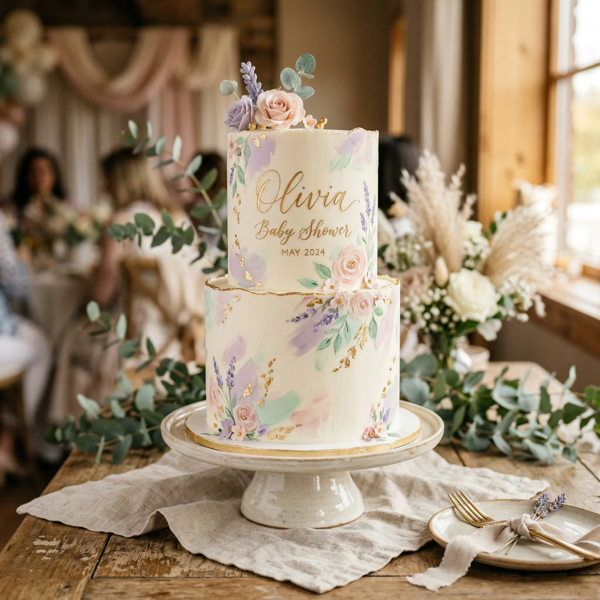 Pastel watercolor baby shower cake with hand-painted florals and gold accents