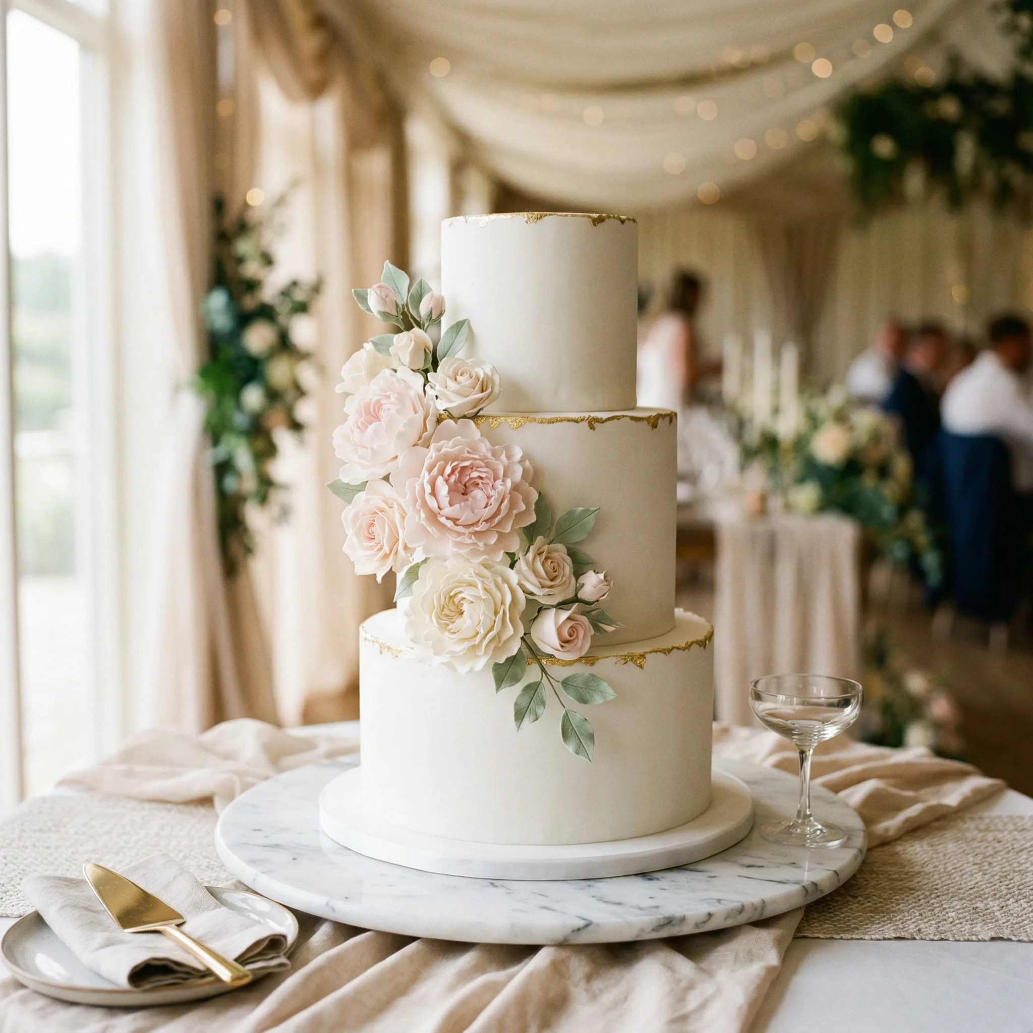 Three-tier white wedding cake with blush roses and gold leaf edges on marble stand