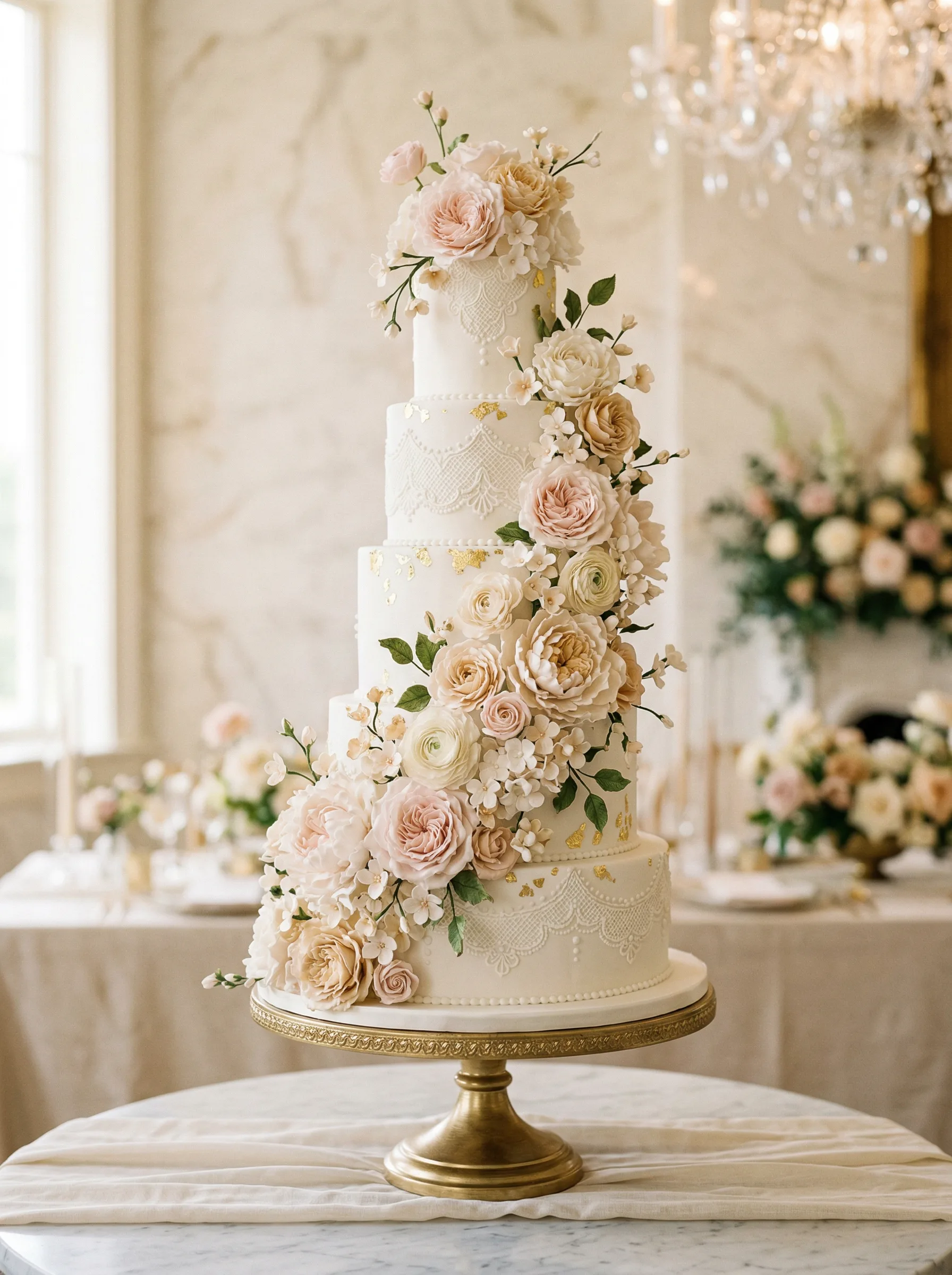 Five-tier luxury wedding cake with cascading blush sugar flowers and gold leaf accents on a gold pedestal stand